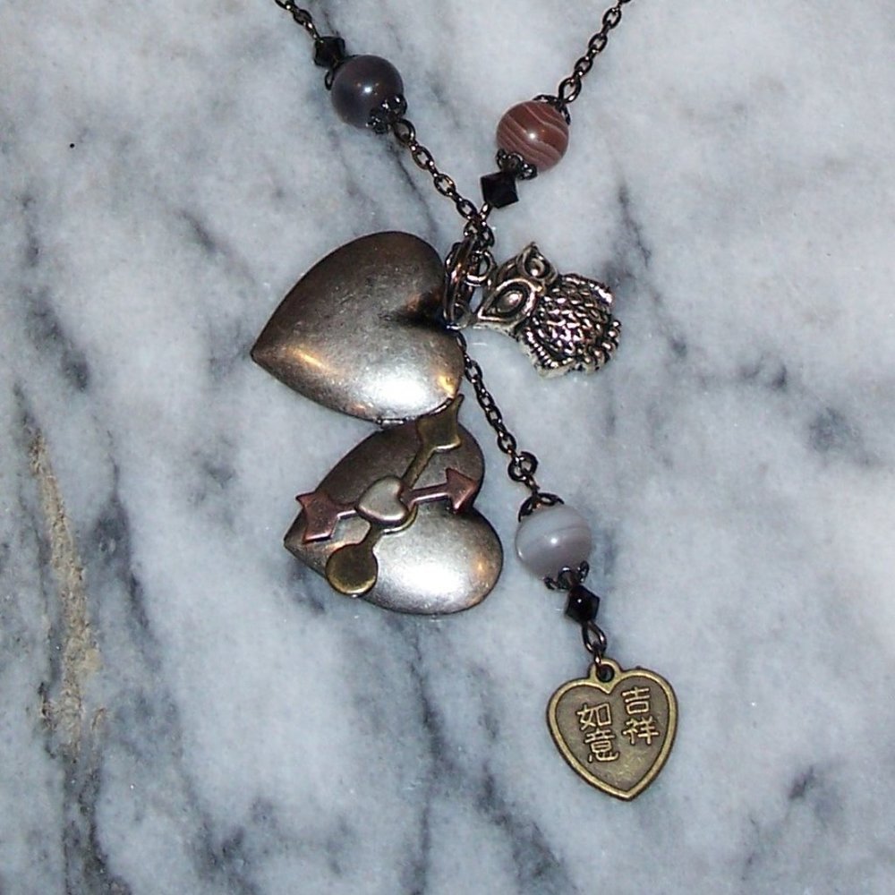 Heart Locket Owl Charm Stone Bead Necklace